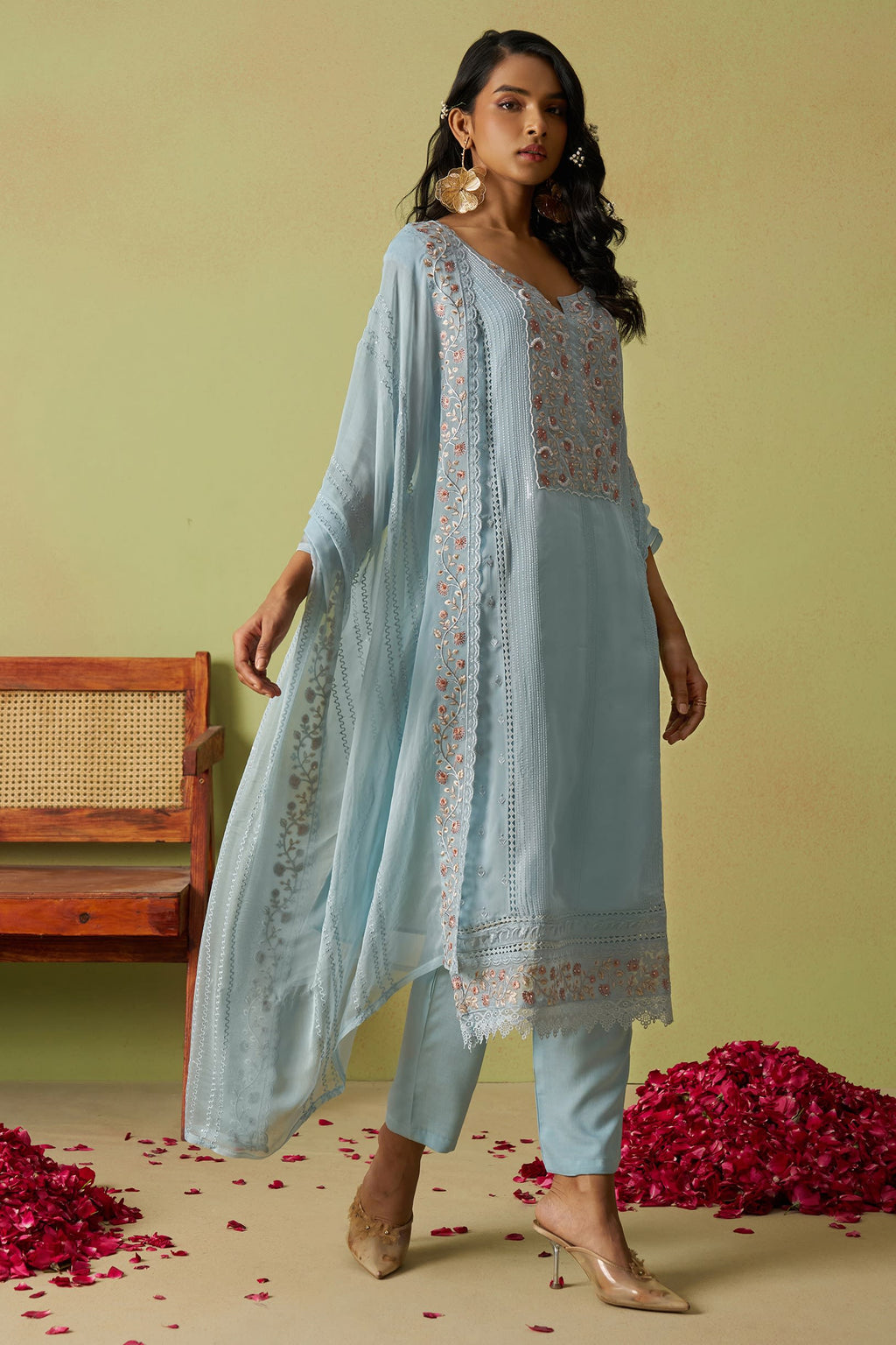 Light Blue Organza Silk Kameez With Pant For Indian & Pakistani Wedding Festival - Thread Embroidery Work, Moti Work, Hand Work