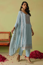 Light Blue Organza Silk Kameez With Pant For Indian & Pakistani Wedding Festival - Thread Embroidery Work, Moti Work, Hand Work