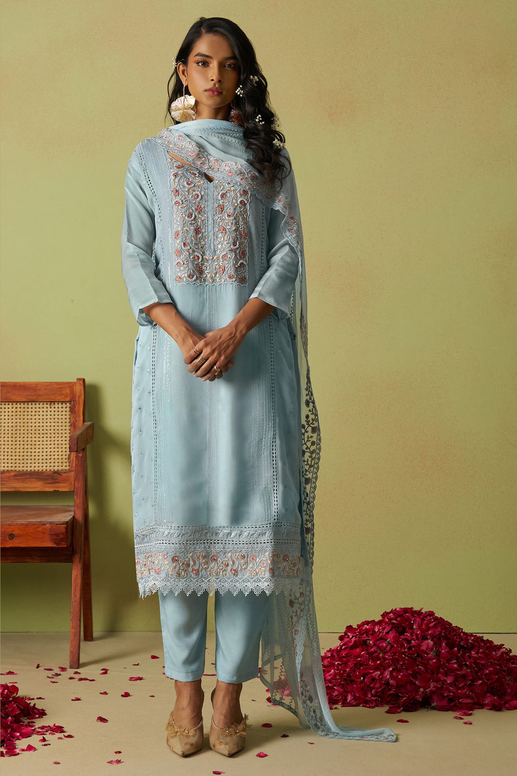 Light Blue Organza Silk Kameez With Pant For Indian & Pakistani Wedding Festival - Thread Embroidery Work, Moti Work, Hand Work