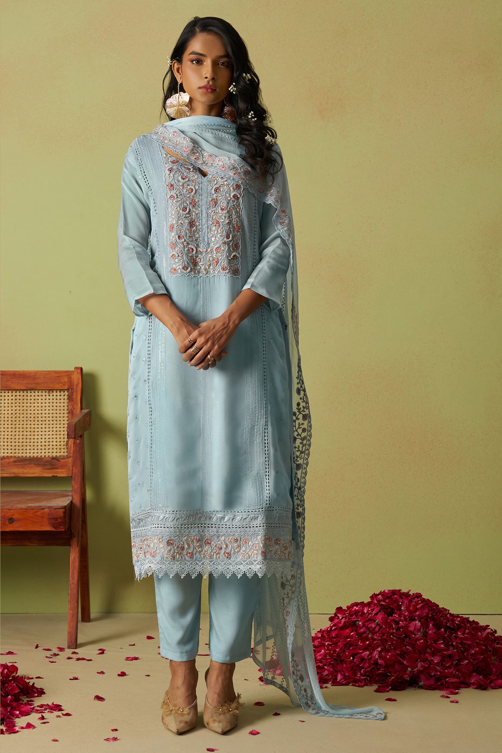 Light Blue Organza Silk Kameez With Pant For Indian & Pakistani Wedding Festival - Thread Embroidery Work, Moti Work, Hand Work