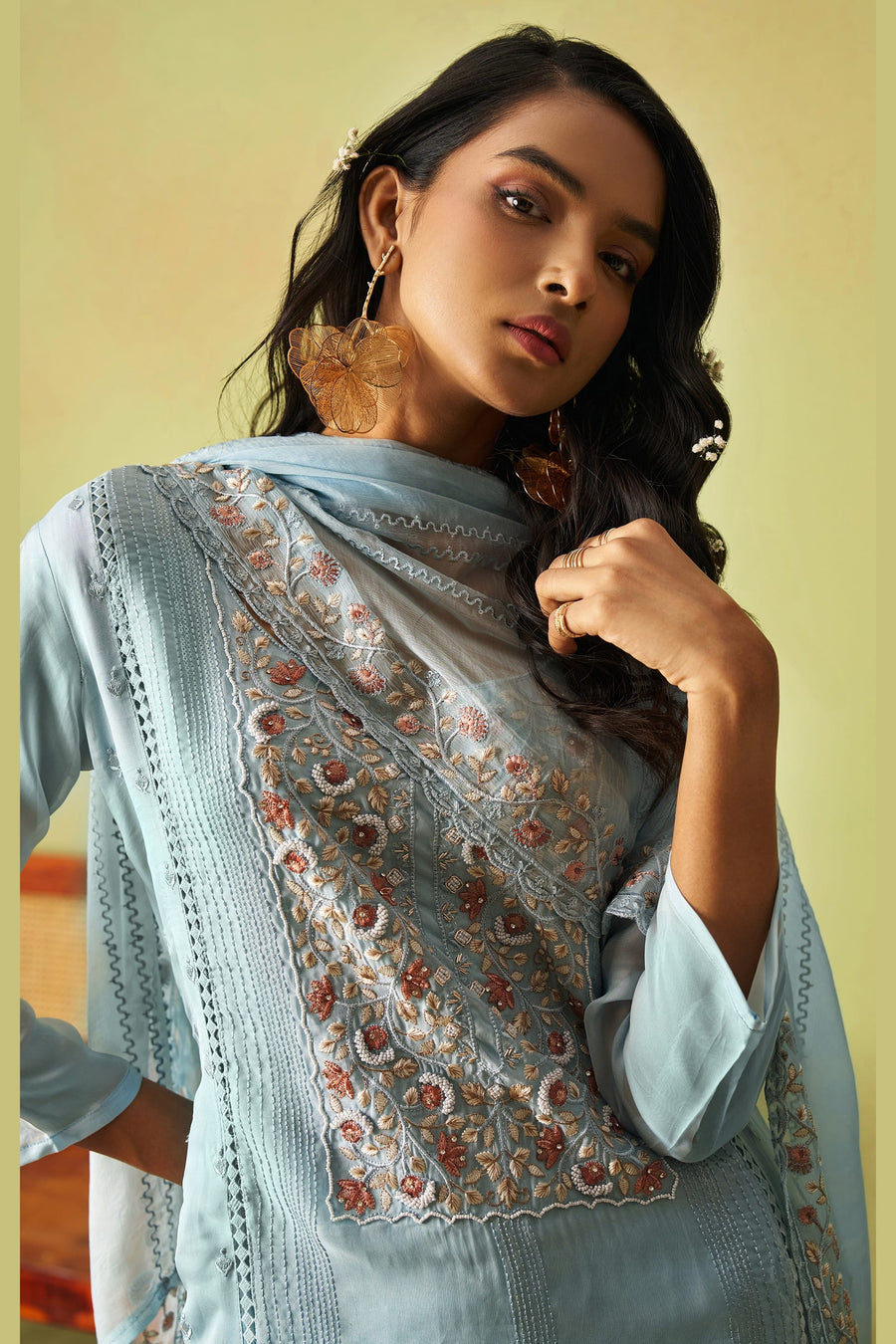 Light Blue Organza Silk Kameez With Pant For Indian & Pakistani Wedding Festival - Thread Embroidery Work, Moti Work, Hand Work