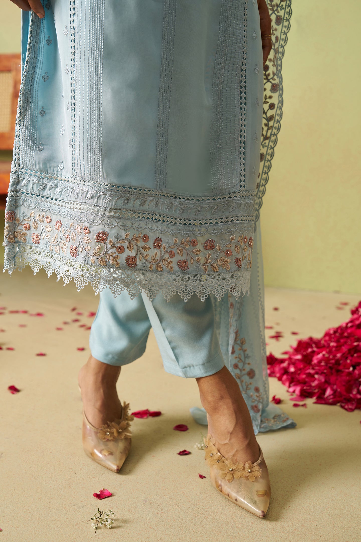 Light Blue Organza Silk Kameez With Pant For Indian & Pakistani Wedding Festival - Thread Embroidery Work, Moti Work, Hand Work