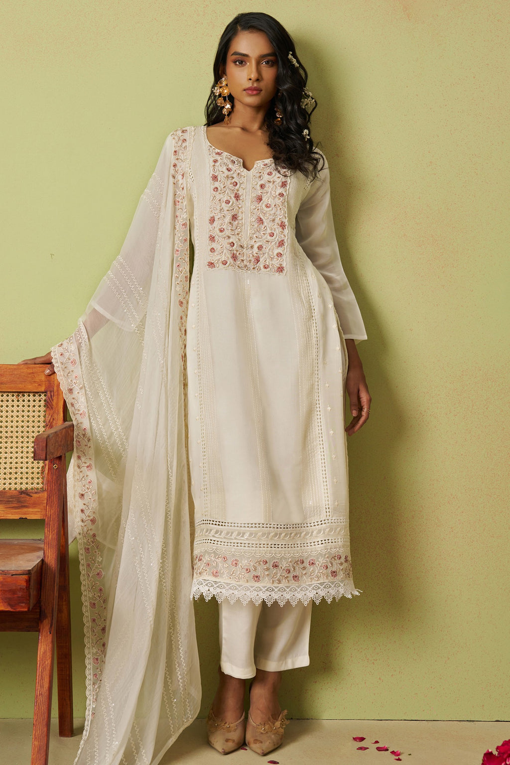 Cream Organza Silk Kameez With Pant For Indian & Pakistani Wedding Festival - Thread Embroidery Work, Moti Work, Hand Work