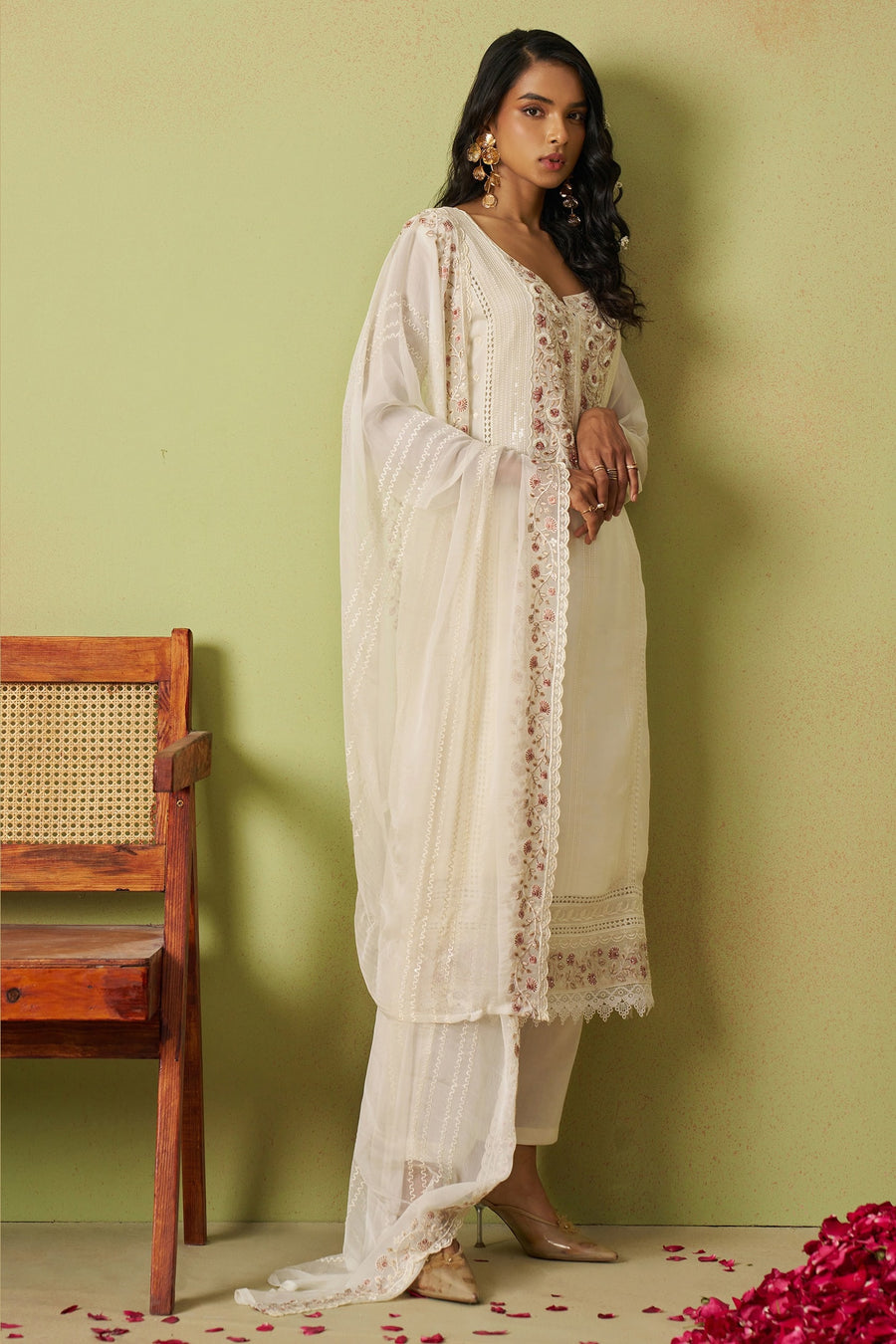 Cream Organza Silk Kameez With Pant For Indian & Pakistani Wedding Festival - Thread Embroidery Work, Moti Work, Hand Work