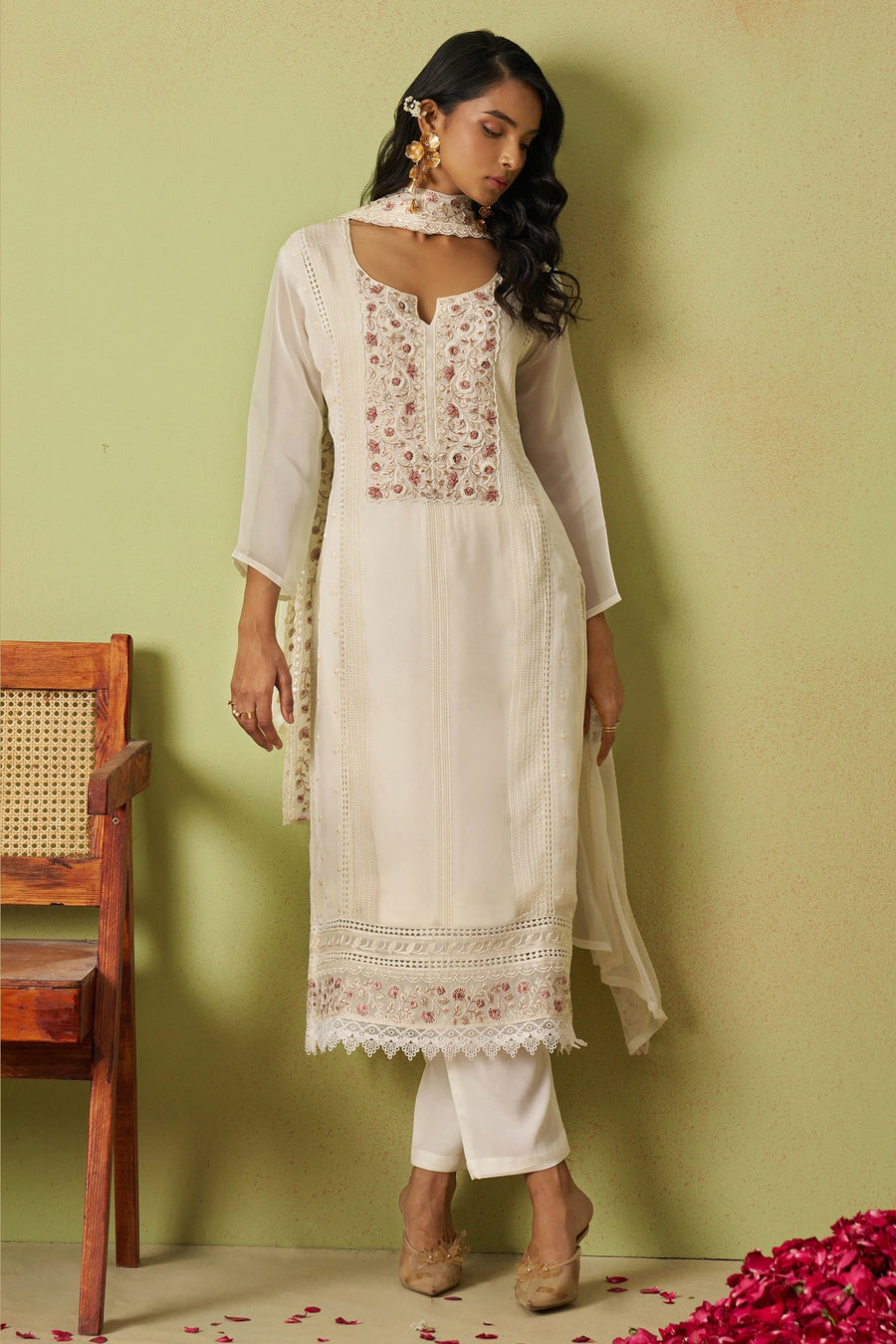 Cream Organza Silk Kameez With Pant For Indian & Pakistani Wedding Festival - Thread Embroidery Work, Moti Work, Hand Work
