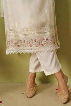 Cream Organza Silk Kameez With Pant For Indian & Pakistani Wedding Festival - Thread Embroidery Work, Moti Work, Hand Work