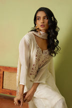 Cream Organza Silk Kameez With Pant For Indian & Pakistani Wedding Festival - Thread Embroidery Work, Moti Work, Hand Work