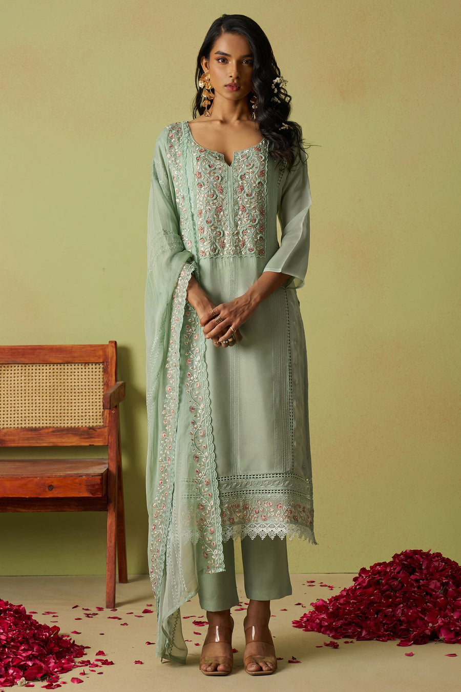 Pista Green Organza Silk Kameez With Pant For Indian & Pakistani Wedding Festival - Thread Embroidery Work, Moti Work, Hand Work