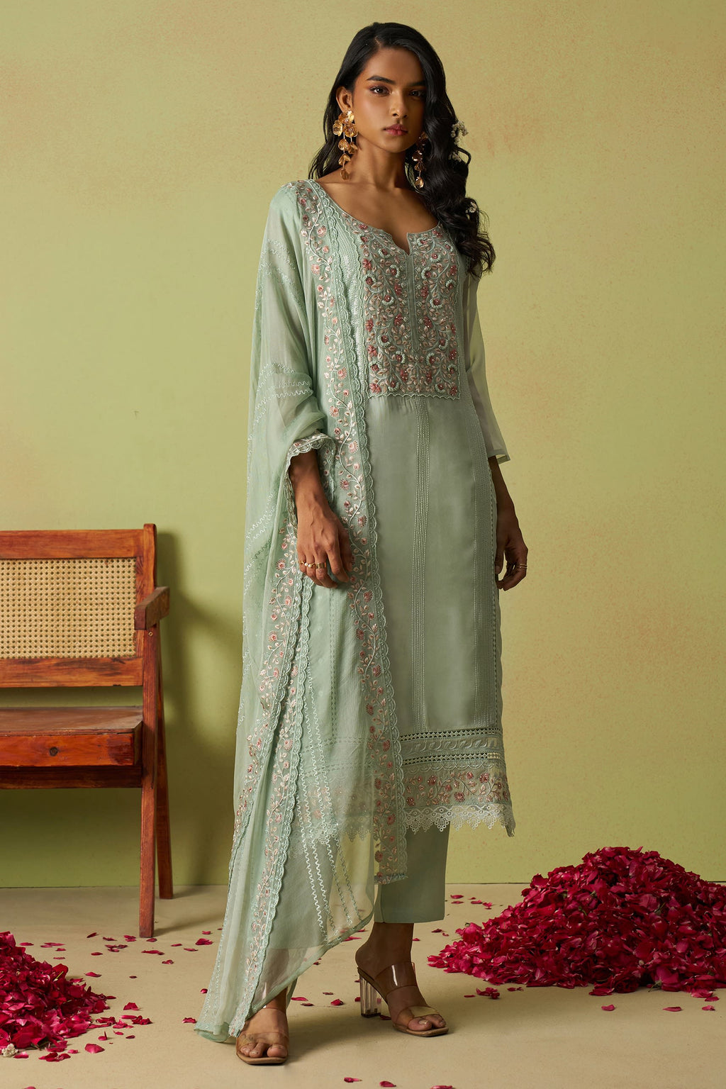 Pista Green Organza Silk Kameez With Pant For Indian & Pakistani Wedding Festival - Thread Embroidery Work, Moti Work, Hand Work