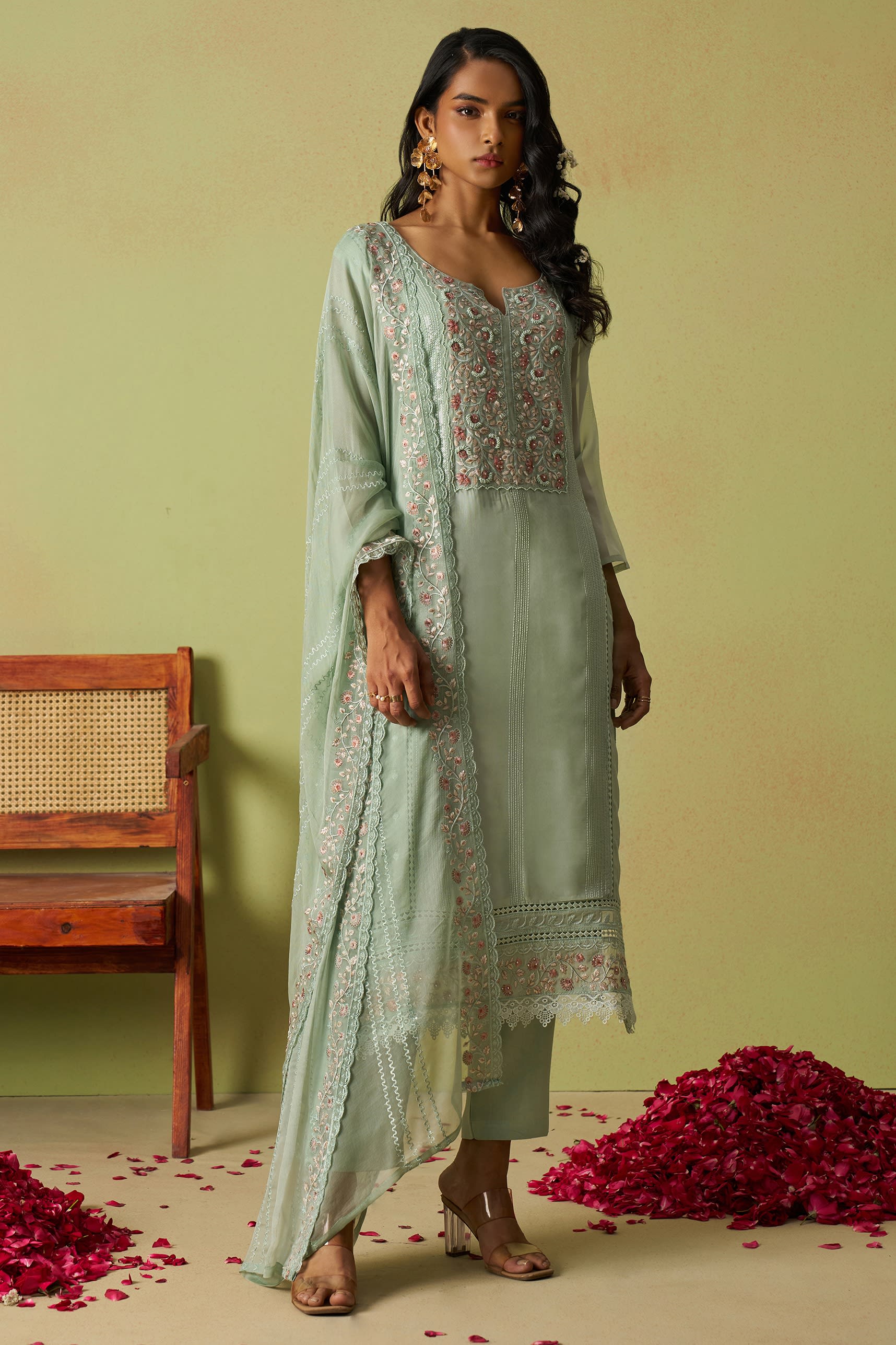 Pista Green Organza Silk Kameez With Pant For Indian & Pakistani Wedding Festival - Thread Embroidery Work, Moti Work, Hand Work