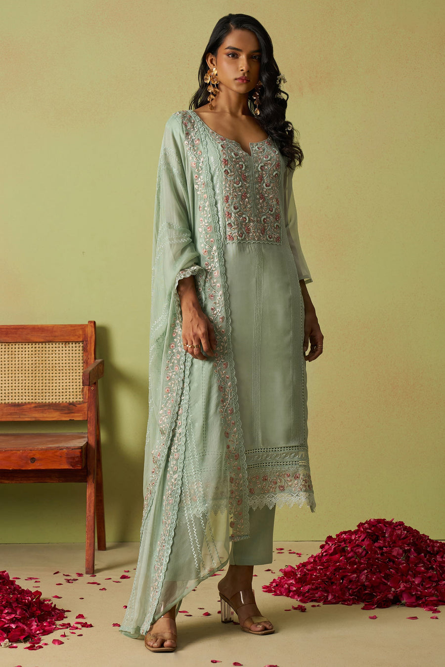 Pista Green Organza Silk Kameez With Pant For Indian & Pakistani Wedding Festival - Thread Embroidery Work, Moti Work, Hand Work