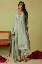 Pista Green Organza Silk Kameez With Pant For Indian & Pakistani Wedding Festival - Thread Embroidery Work, Moti Work, Hand Work