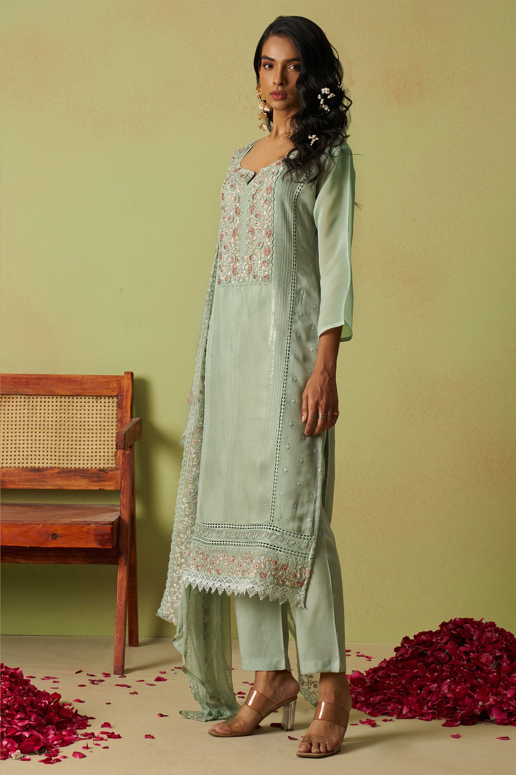 Pista Green Organza Silk Kameez With Pant For Indian & Pakistani Wedding Festival - Thread Embroidery Work, Moti Work, Hand Work