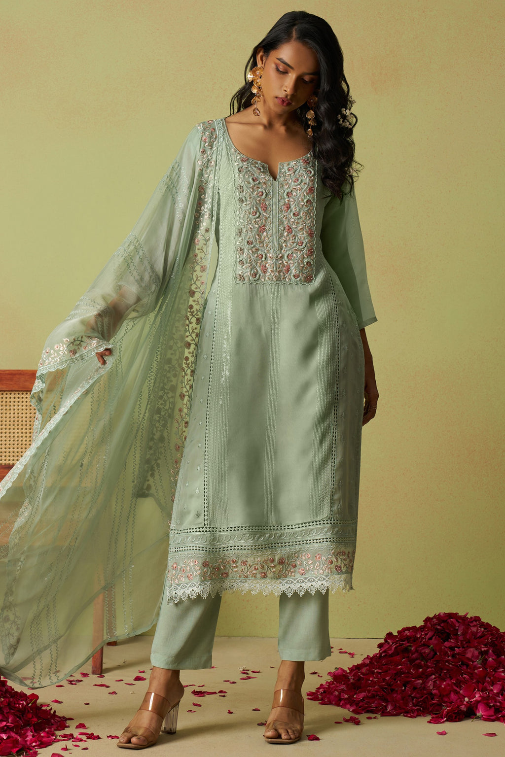 Pista Green Organza Silk Kameez With Pant For Indian & Pakistani Wedding Festival - Thread Embroidery Work, Moti Work, Hand Work