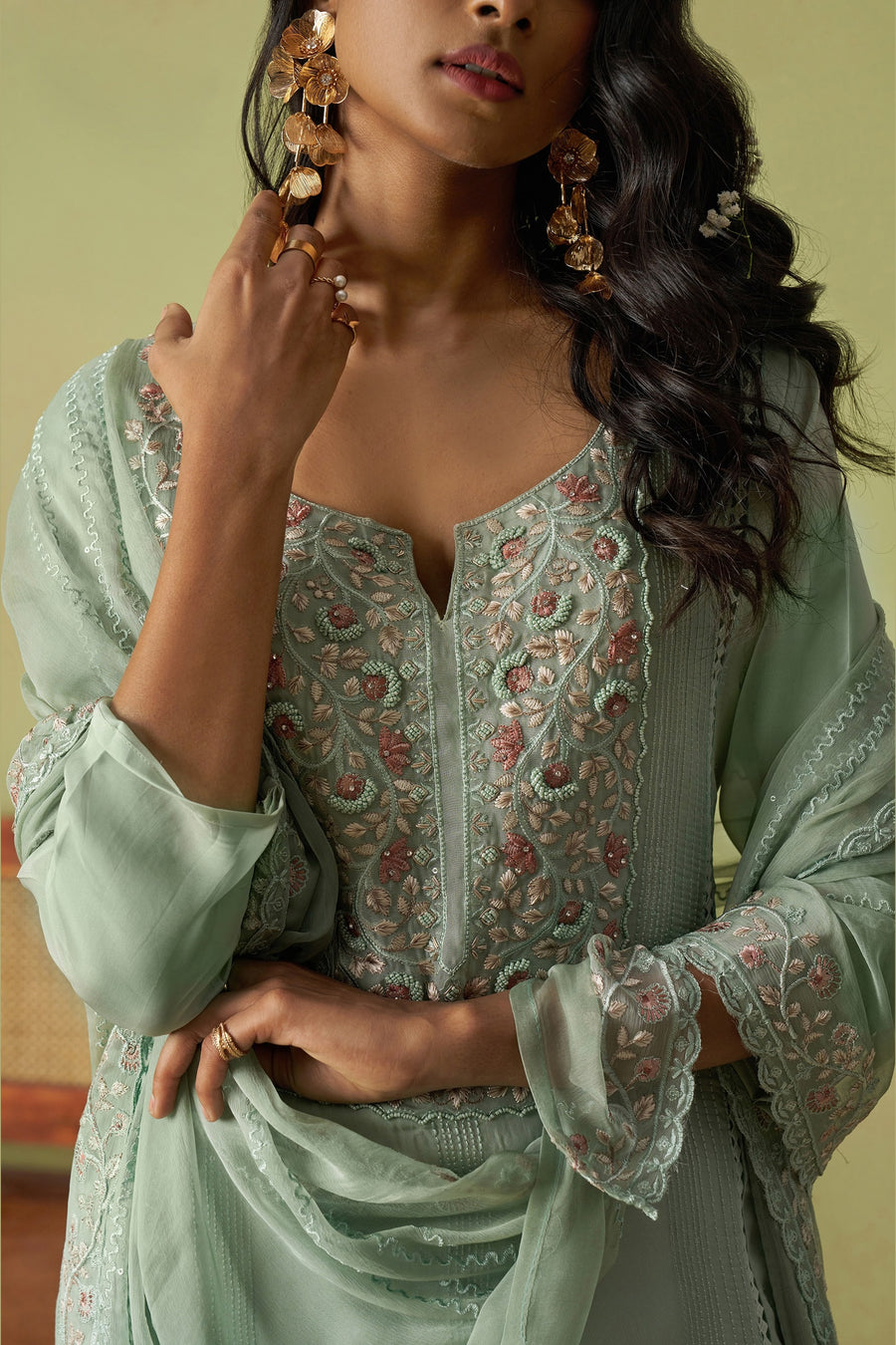 Pista Green Organza Silk Kameez With Pant For Indian & Pakistani Wedding Festival - Thread Embroidery Work, Moti Work, Hand Work