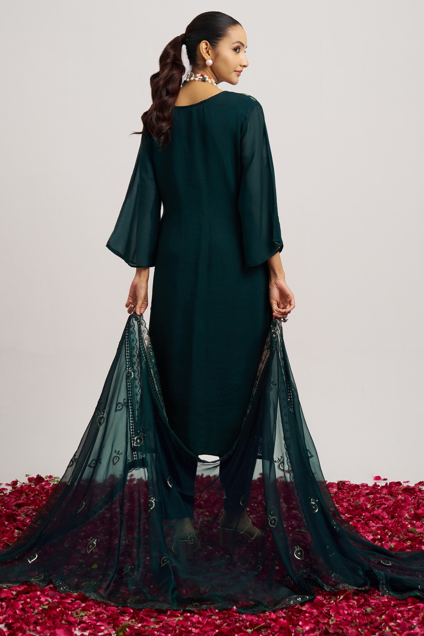 Dark Green Organza Kameez With Pant For Indian & Pakistani Wedding Festival - Embroidery Work, Print Work