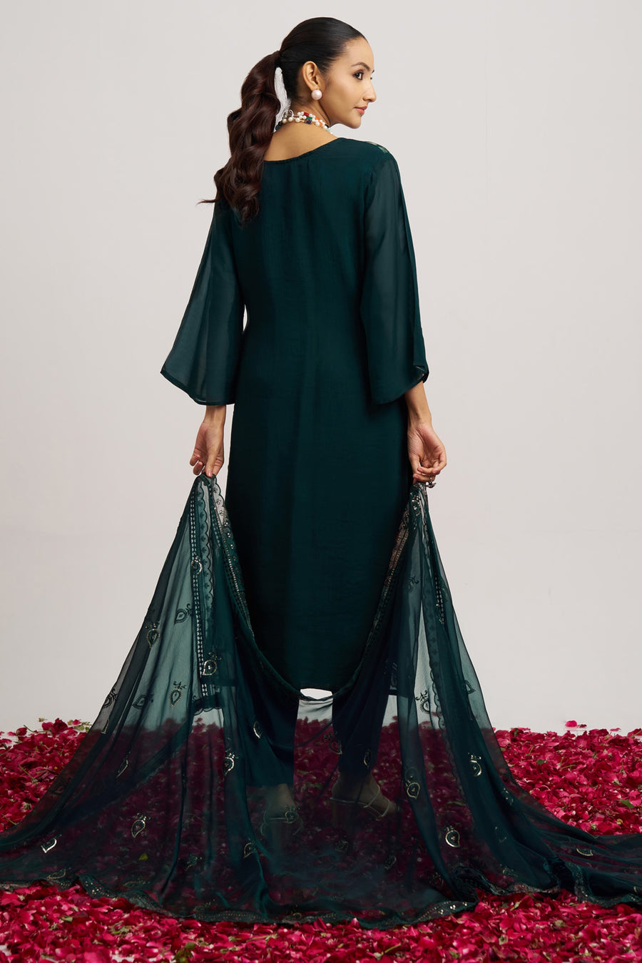 Dark Green Organza Kameez With Pant For Indian & Pakistani Wedding Festival - Embroidery Work, Print Work