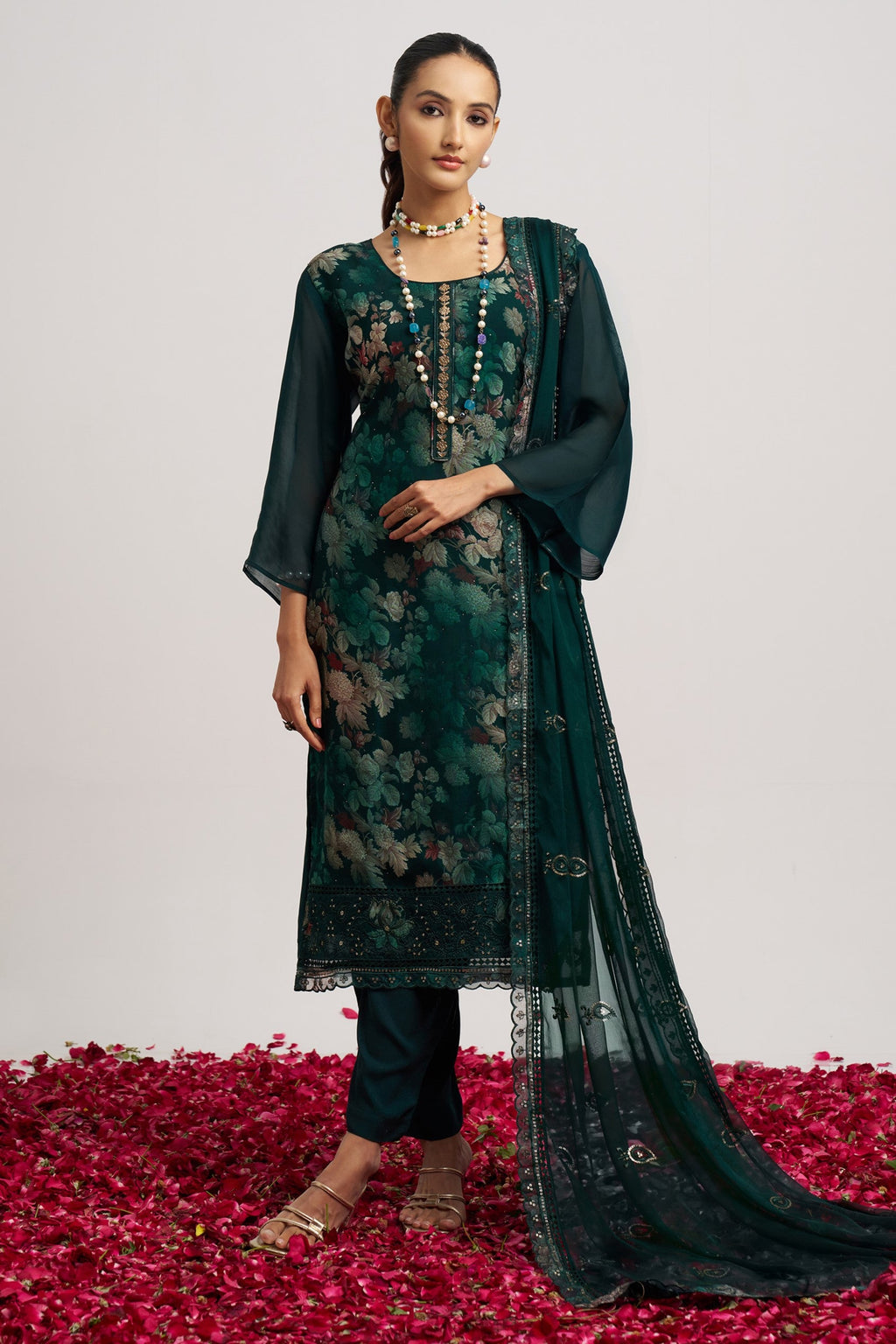 Dark Green Organza Kameez With Pant For Indian & Pakistani Wedding Festival - Embroidery Work, Print Work