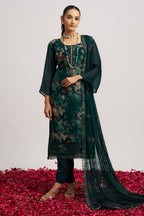 Dark Green Organza Kameez With Pant For Indian & Pakistani Wedding Festival - Embroidery Work, Print Work