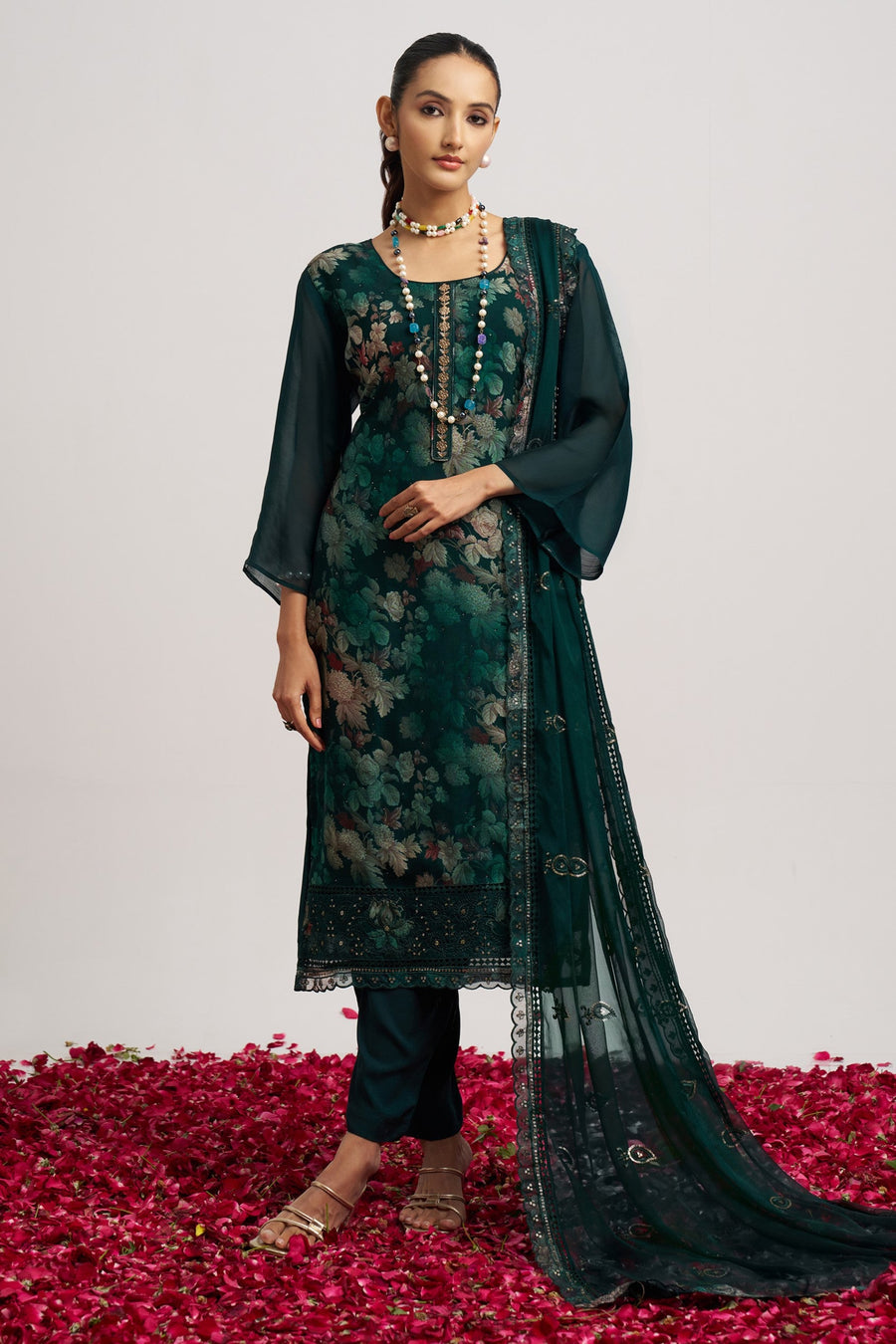 Dark Green Organza Kameez With Pant For Indian & Pakistani Wedding Festival - Embroidery Work, Print Work
