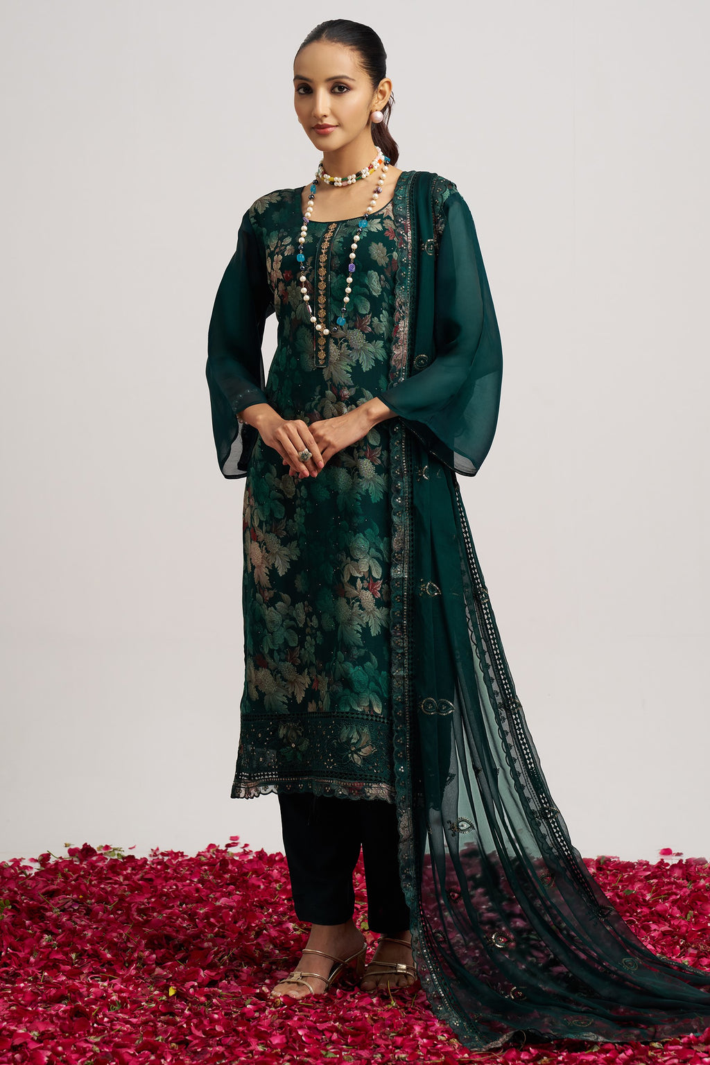 Dark Green Organza Kameez With Pant For Indian & Pakistani Wedding Festival - Embroidery Work, Print Work