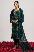Dark Green Organza Kameez With Pant For Indian & Pakistani Wedding Festival - Embroidery Work, Print Work
