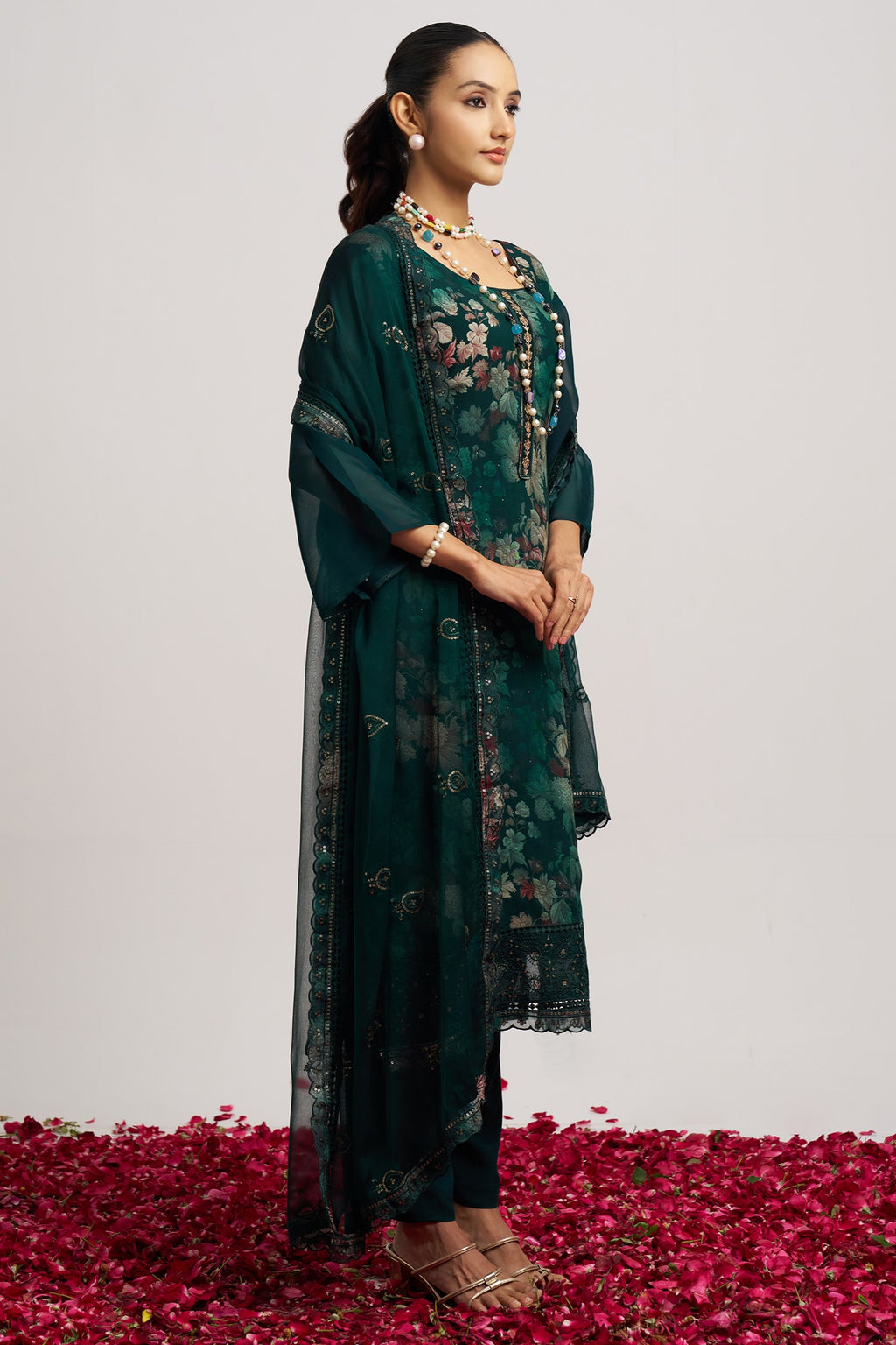 Dark Green Organza Kameez With Pant For Indian & Pakistani Wedding Festival - Embroidery Work, Print Work