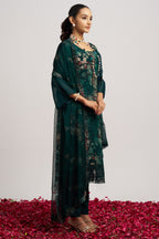 Dark Green Organza Kameez With Pant For Indian & Pakistani Wedding Festival - Embroidery Work, Print Work