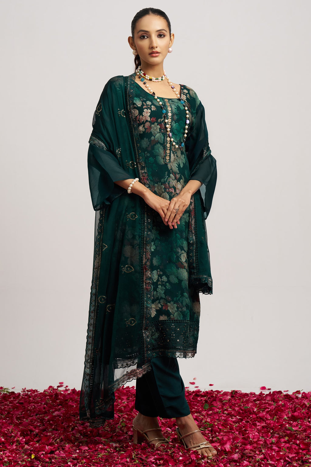 Dark Green Organza Kameez With Pant For Indian & Pakistani Wedding Festival - Embroidery Work, Print Work