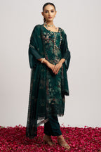 Dark Green Organza Kameez With Pant For Indian & Pakistani Wedding Festival - Embroidery Work, Print Work