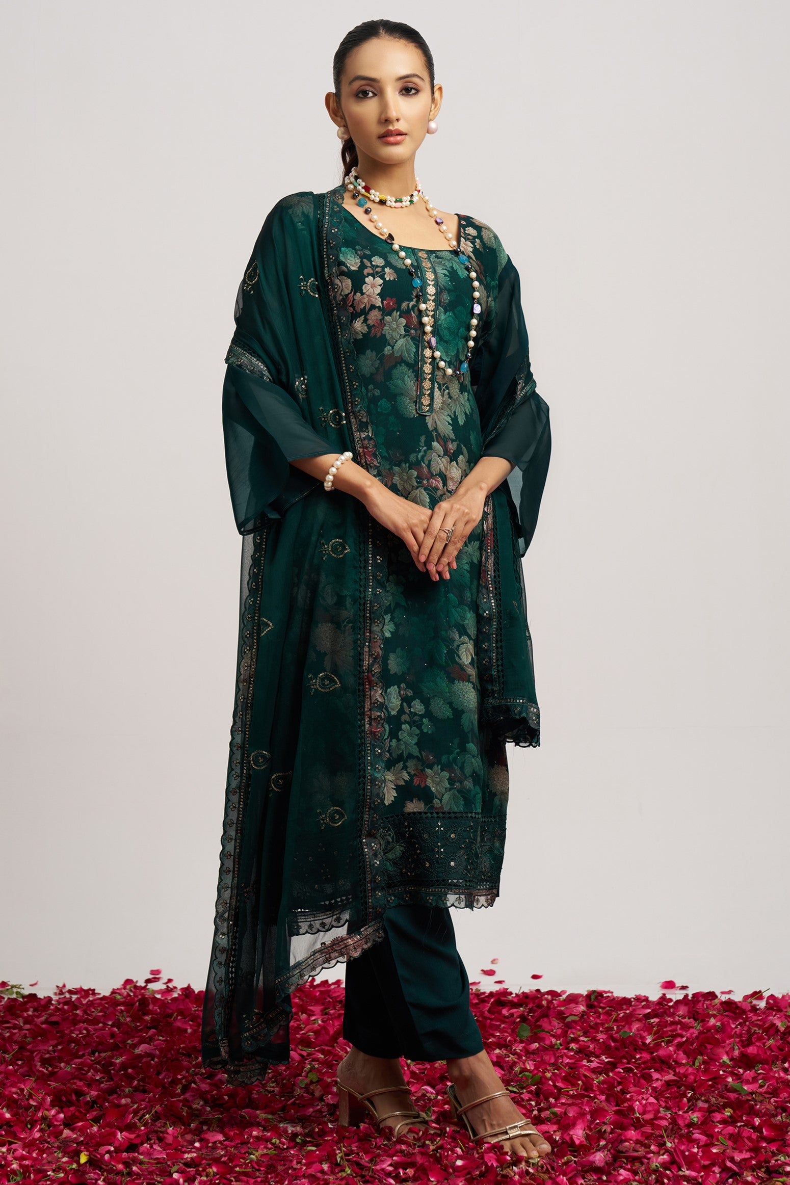 Dark Green Organza Kameez With Pant For Indian & Pakistani Wedding Festival - Embroidery Work, Print Work