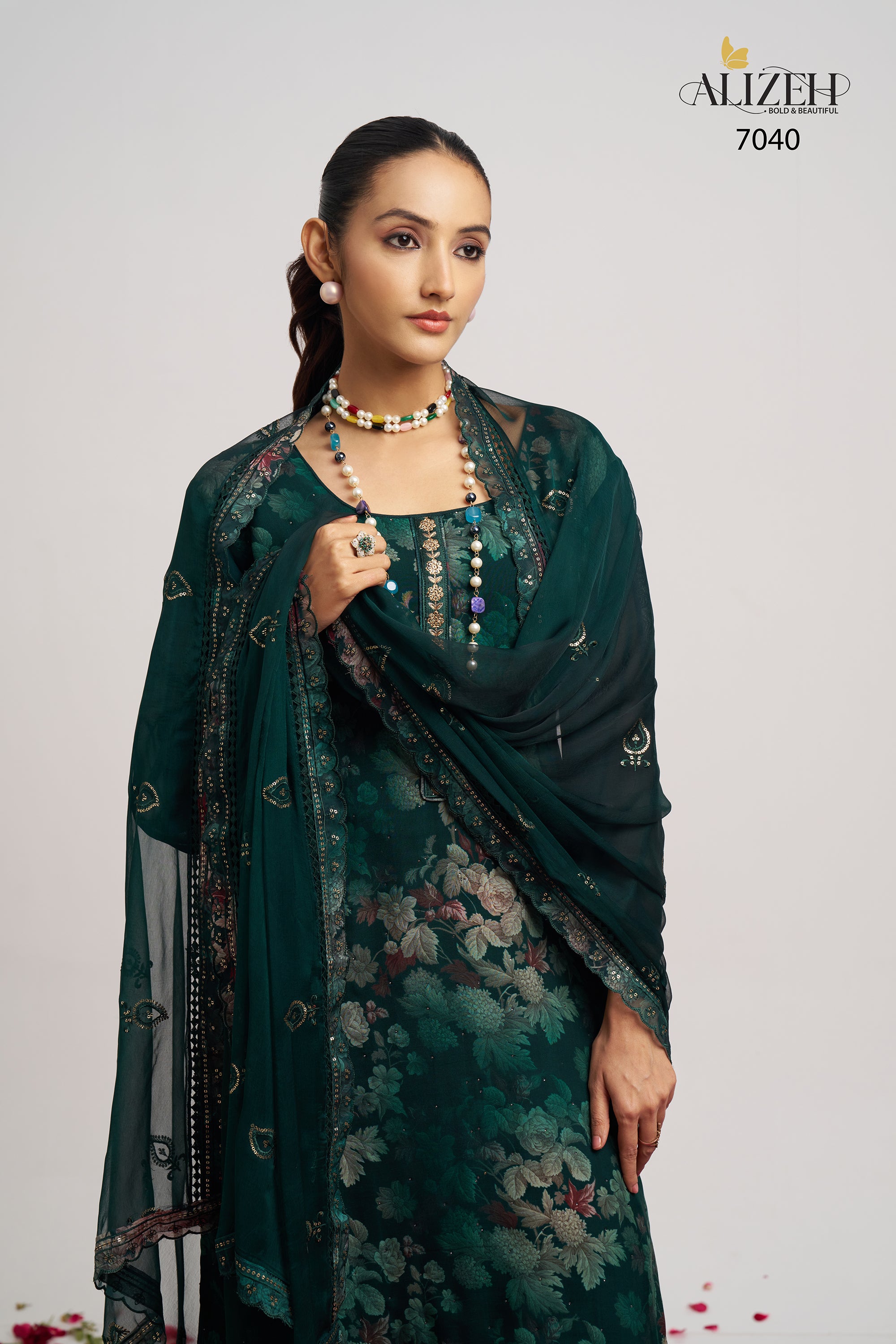 Dark Green Organza Kameez With Pant For Indian & Pakistani Wedding Festival - Embroidery Work, Print Work