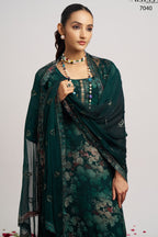 Dark Green Organza Kameez With Pant For Indian & Pakistani Wedding Festival - Embroidery Work, Print Work