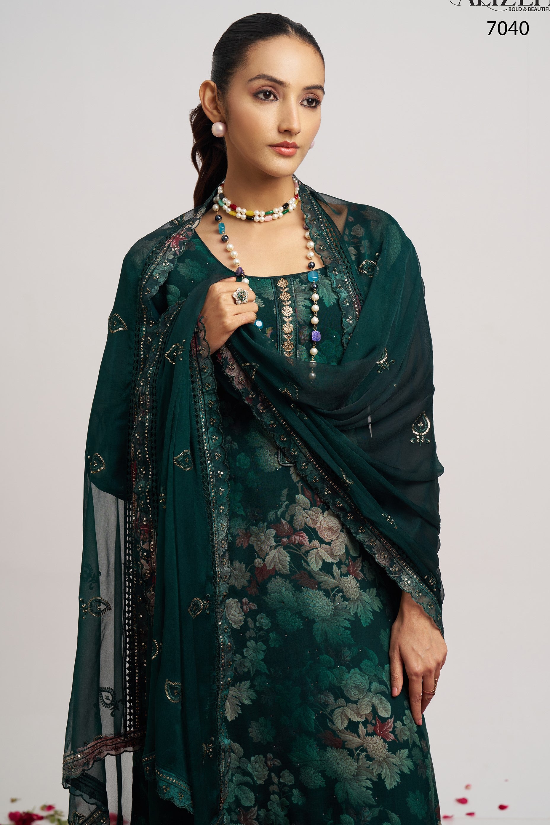 Dark Green Organza Kameez With Pant For Indian & Pakistani Wedding Festival - Embroidery Work, Print Work