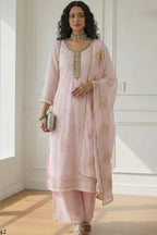 Light Pink Georgette Kameez With Pant For Indian & Pakistani Wedding Festival - Sequins & Thread Embroidery Work, Khatli Work