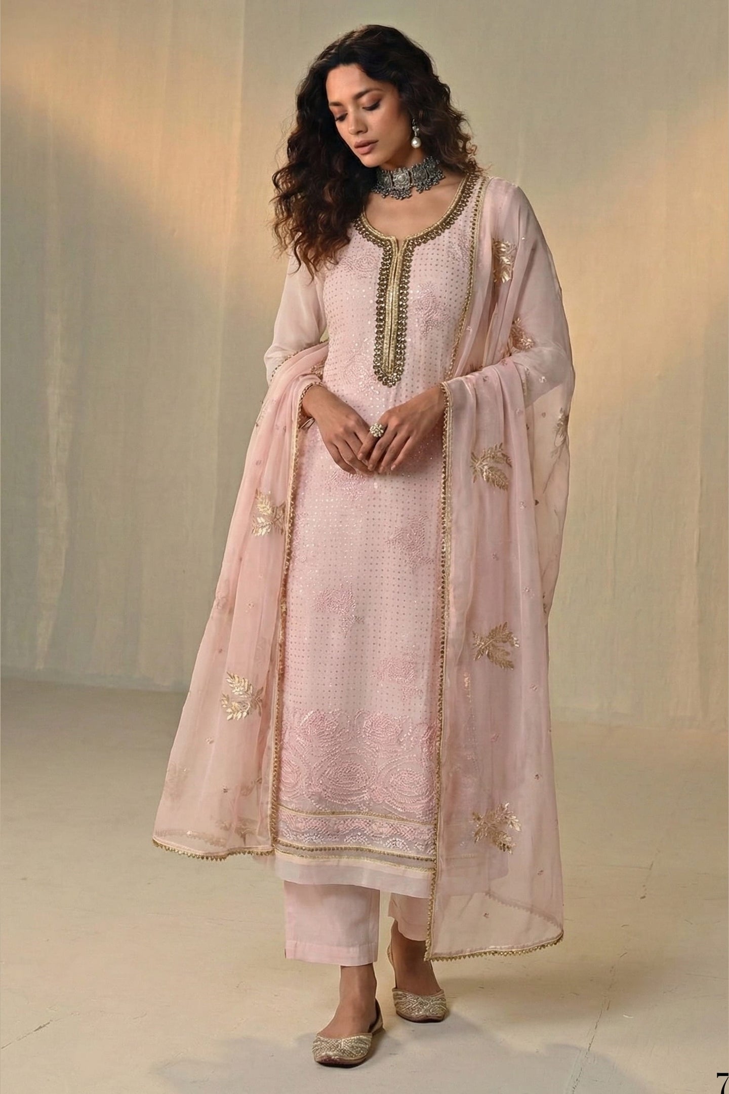 Baby Pink Georgette Kameez With Pant For Indian & Pakistani Wedding Festival - Sequins & Thread Embroidery Work, Khatli Work