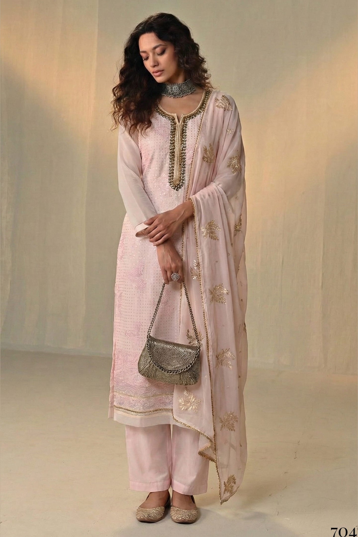 Baby Pink Georgette Kameez With Pant For Indian & Pakistani Wedding Festival - Sequins & Thread Embroidery Work, Khatli Work