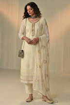 Light Yellow Georgette Kameez With Pant For Indian & Pakistani Wedding Festival - Sequins & Thread Embroidery Work, Khatli Work