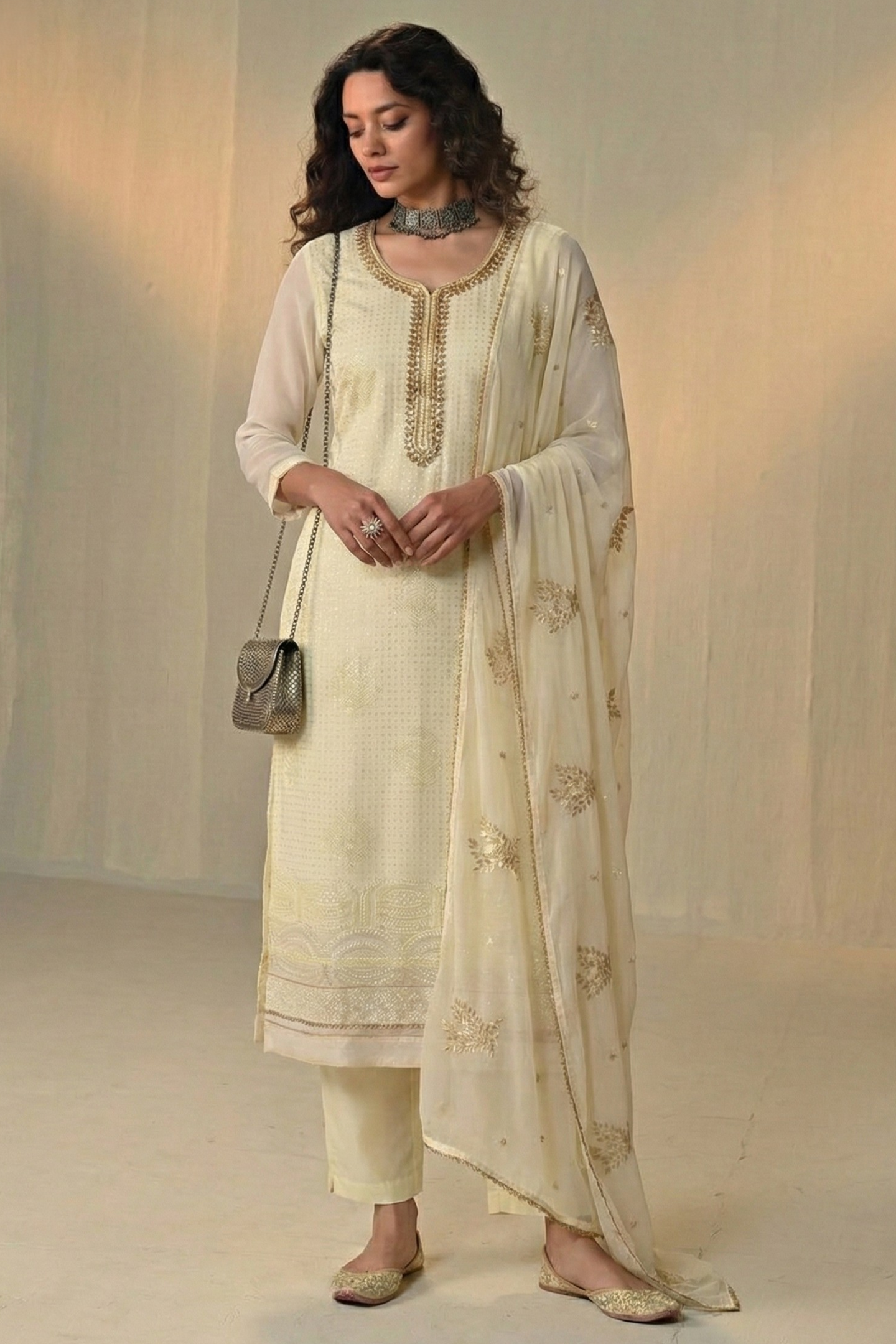 Light Yellow Georgette Kameez With Pant For Indian & Pakistani Wedding Festival - Sequins & Thread Embroidery Work, Khatli Work