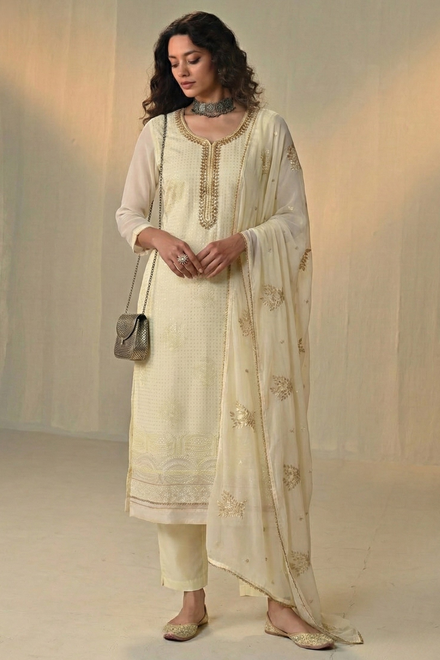 Light Yellow Georgette Kameez With Pant For Indian & Pakistani Wedding Festival - Sequins & Thread Embroidery Work, Khatli Work