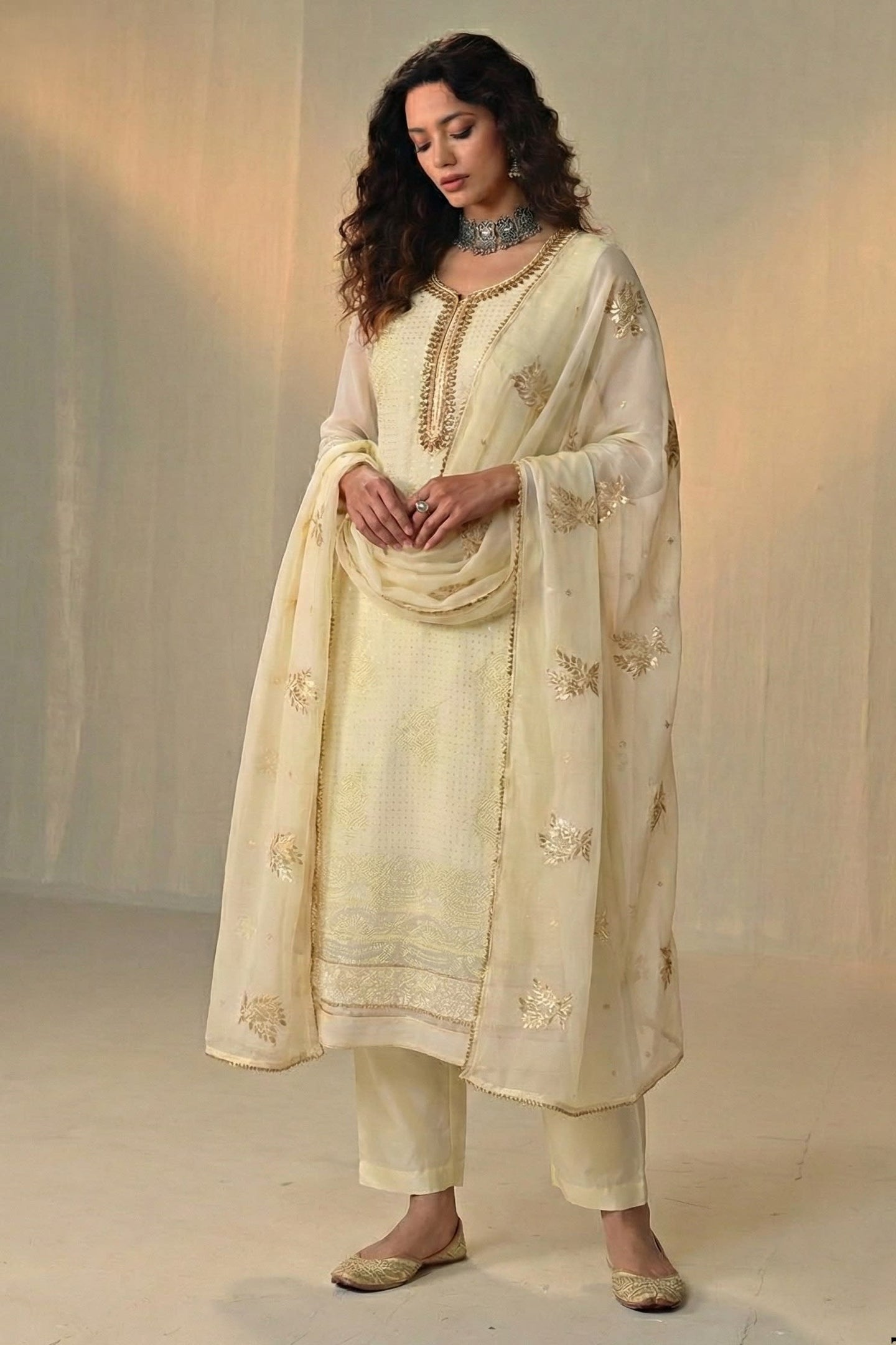 Light Yellow Georgette Kameez With Pant For Indian & Pakistani Wedding Festival - Sequins & Thread Embroidery Work, Khatli Work
