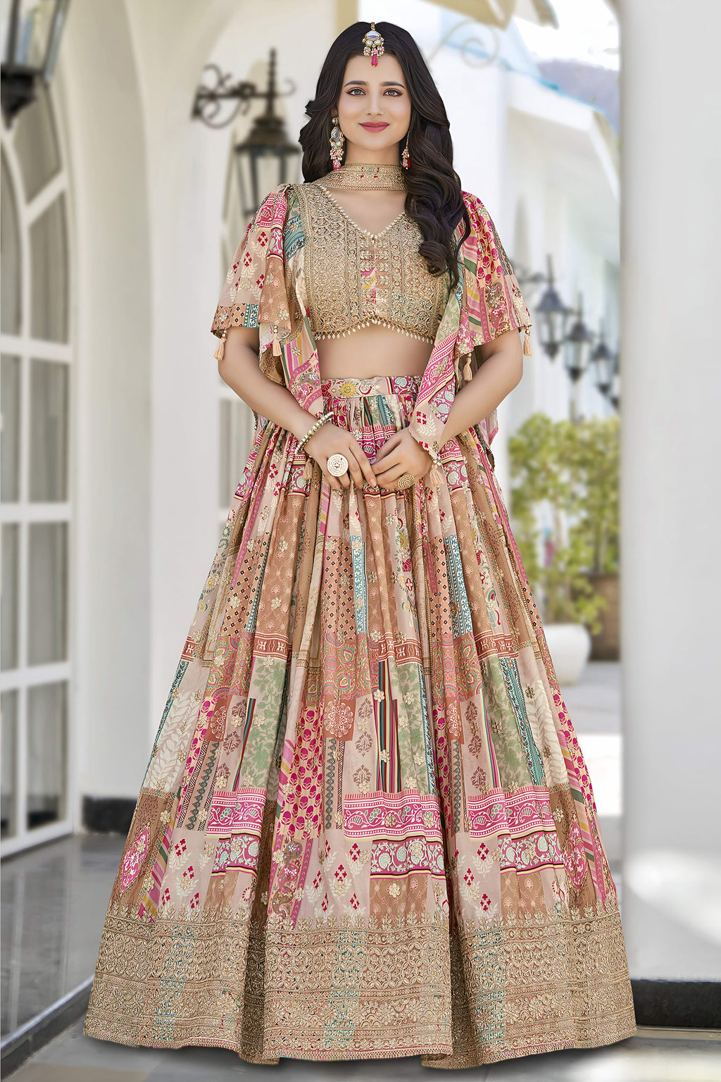 Peach Beige Chinon Silk Lehenga Choli For Indian & Pakistani Wedding Festival - Print Work, Dori Work, Zari Work