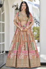 Peach Beige Chinon Silk Lehenga Choli For Indian & Pakistani Wedding Festival - Print Work, Dori Work, Zari Work