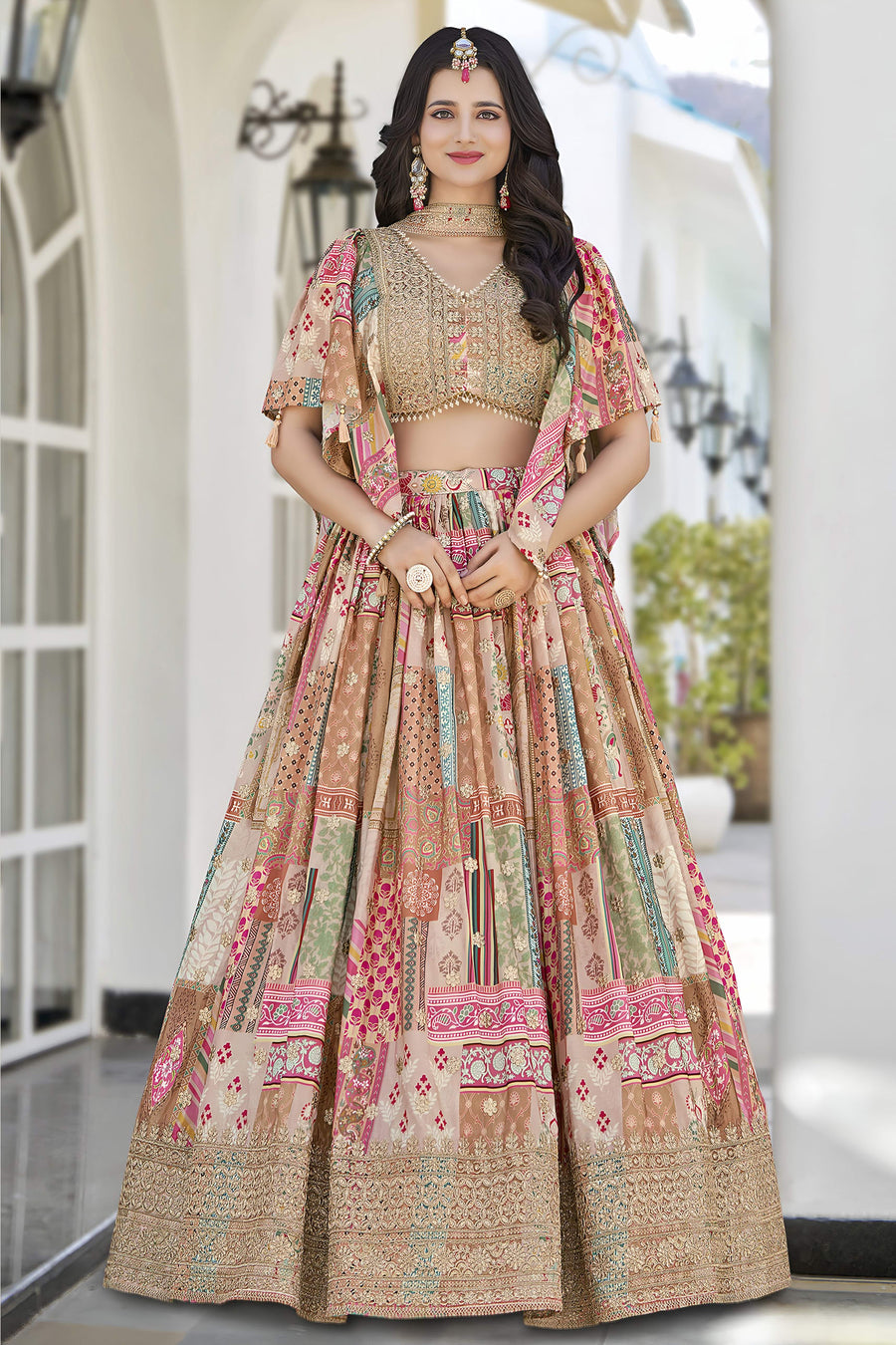 Peach Beige Chinon Silk Lehenga Choli For Indian & Pakistani Wedding Festival - Print Work, Dori Work, Zari Work