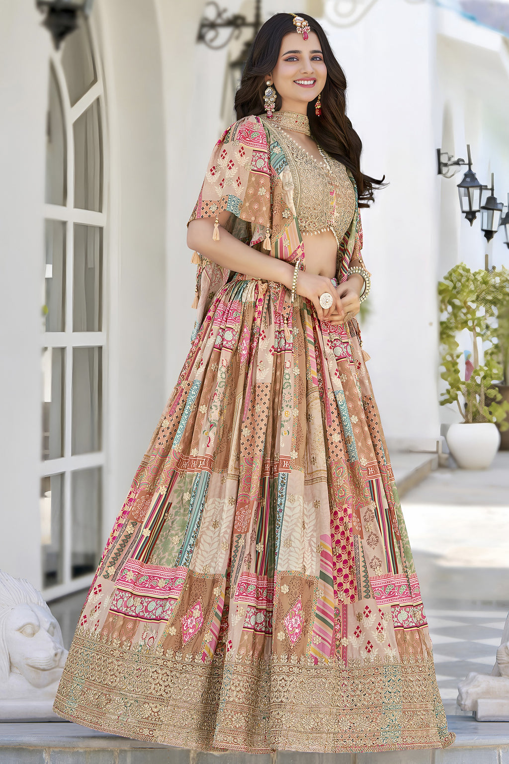 Peach Beige Chinon Silk Lehenga Choli For Indian & Pakistani Wedding Festival - Print Work, Dori Work, Zari Work