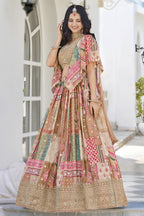 Peach Beige Chinon Silk Lehenga Choli For Indian & Pakistani Wedding Festival - Print Work, Dori Work, Zari Work