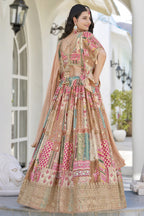 Peach Beige Chinon Silk Lehenga Choli For Indian & Pakistani Wedding Festival - Print Work, Dori Work, Zari Work