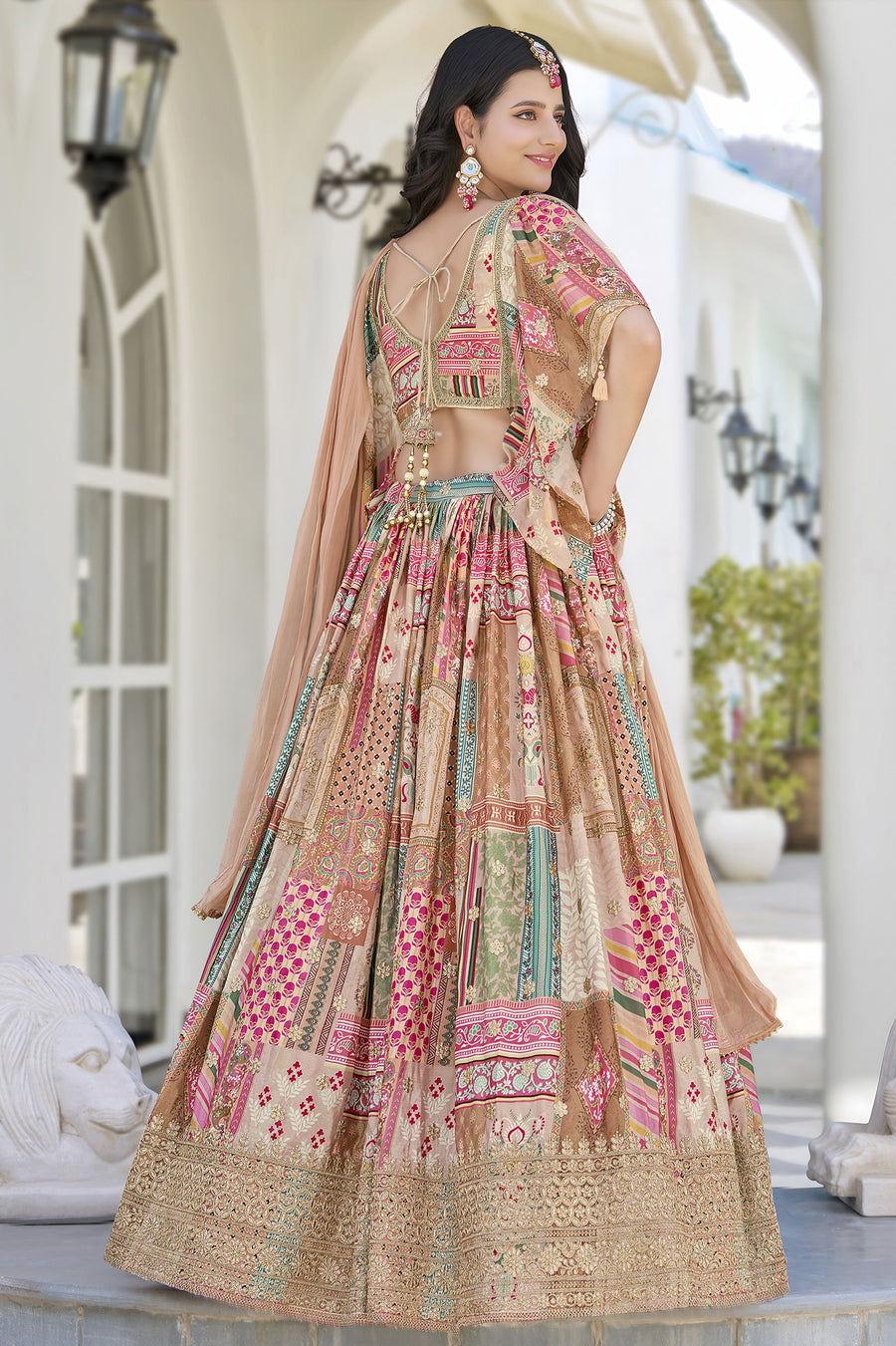 Peach Beige Chinon Silk Lehenga Choli For Indian & Pakistani Wedding Festival - Print Work, Dori Work, Zari Work