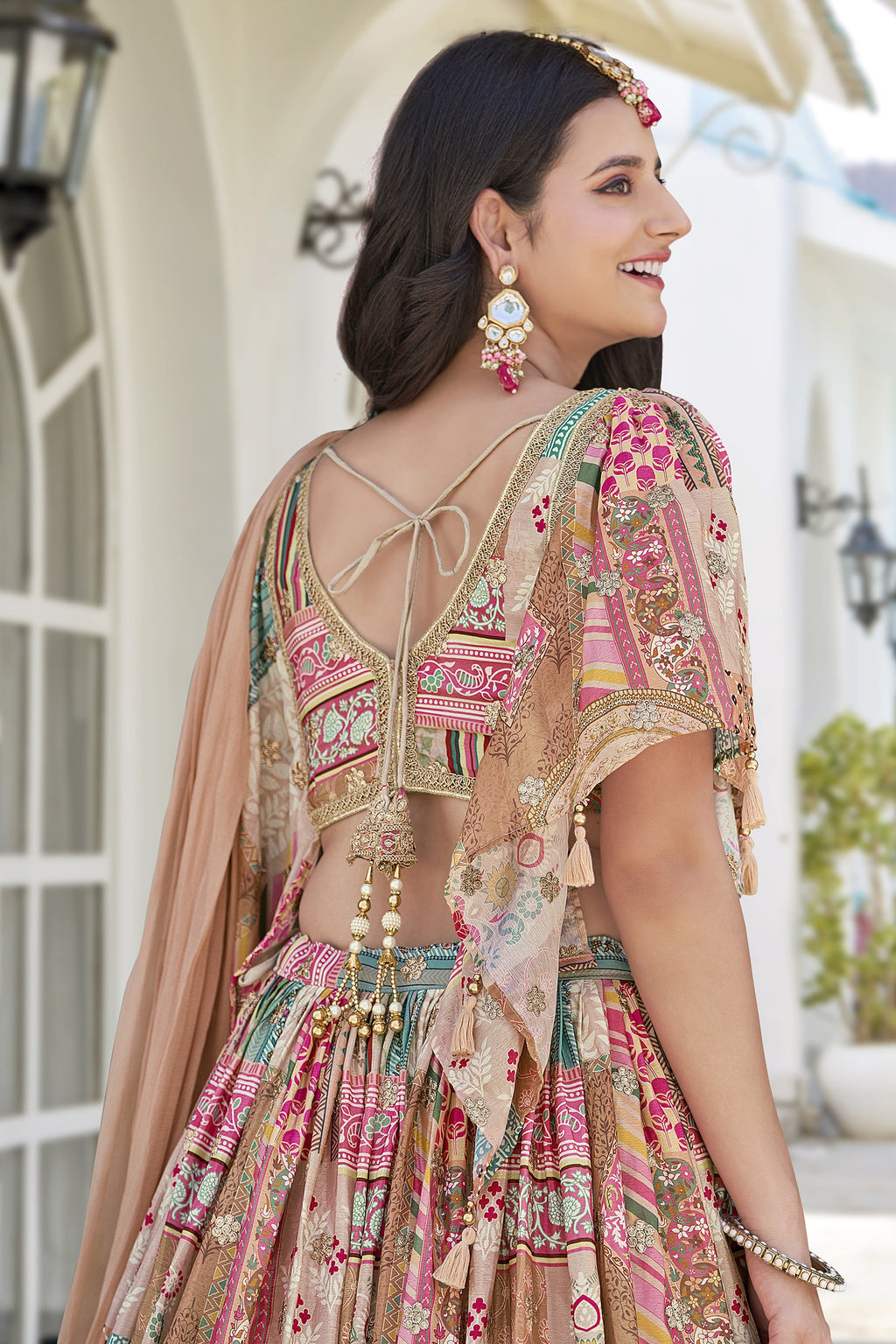 Peach Beige Chinon Silk Lehenga Choli For Indian & Pakistani Wedding Festival - Print Work, Dori Work, Zari Work