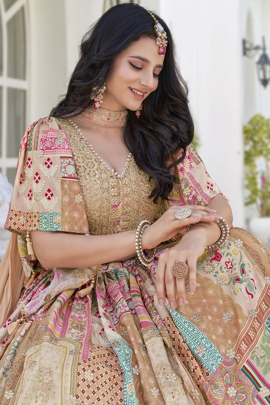 Peach Beige Chinon Silk Lehenga Choli For Indian & Pakistani Wedding Festival - Print Work, Dori Work, Zari Work